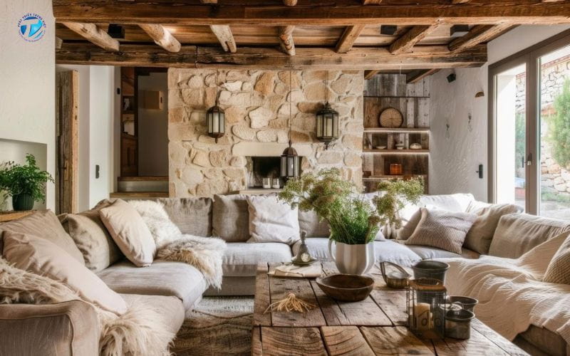 Phòng khách Rustic với chất liệu gỗ tự nhiên và gam màu ấm.